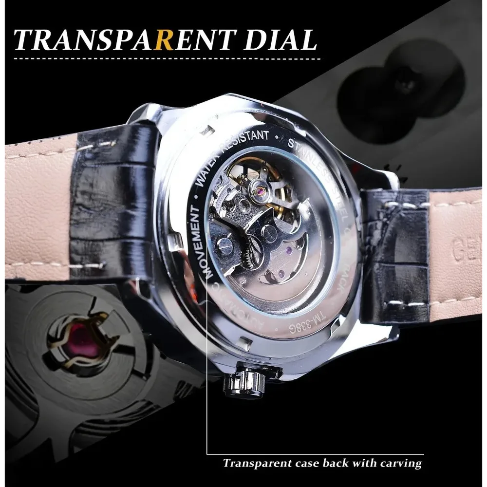 T-WINNER Automatic Mechanical Watch for Men Hollow Tourbillon Genuine Waterproof Luminous Leather Strap Men Watch Reloj Hombre