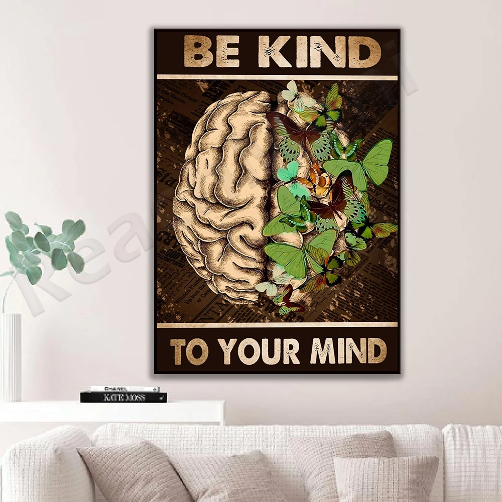 Be kind to your mind poster, brain and green butterfly art, mental health awareness, mental health warrior gift image
