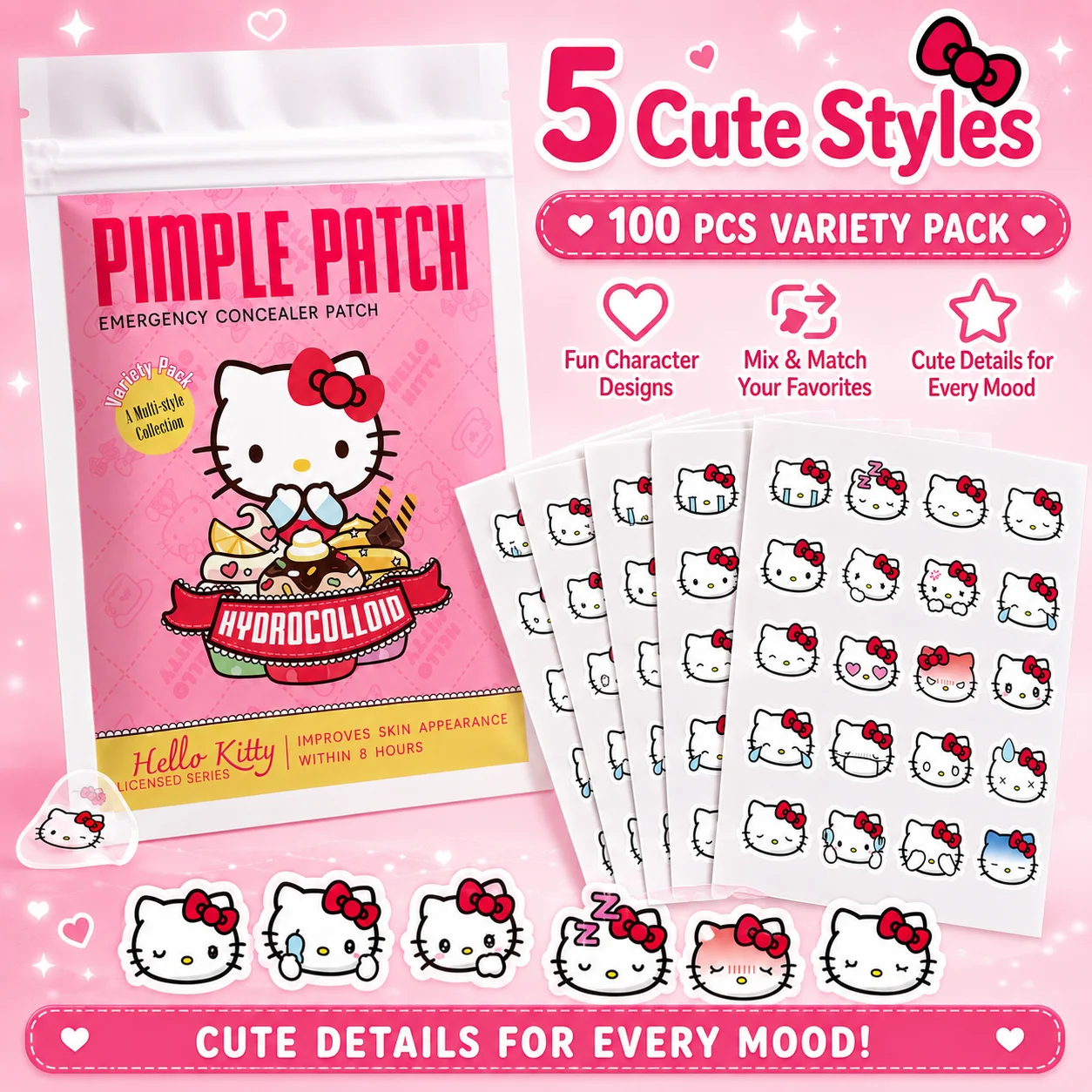 100PCS hello kitty Acne patches, facial acne patches, hydrogel acne removal patches, concealer