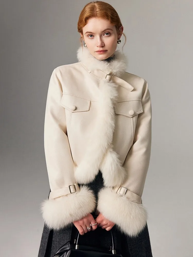موضة تقسم الثعلب الفراء طوق أسفل معاطف سيدة سترة قصيرة دراجة نارية نمط أوزة سترات منتفخة معطف الشتاء ملابس خارجية رائجة البيع
