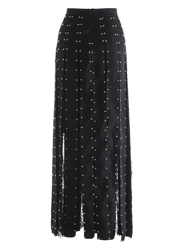 YERMORA High Waist Black Tassel Spliced Lace Back Zipper Half Body Skirt For Women Fashion Loose Spring Summer 2025 New A405