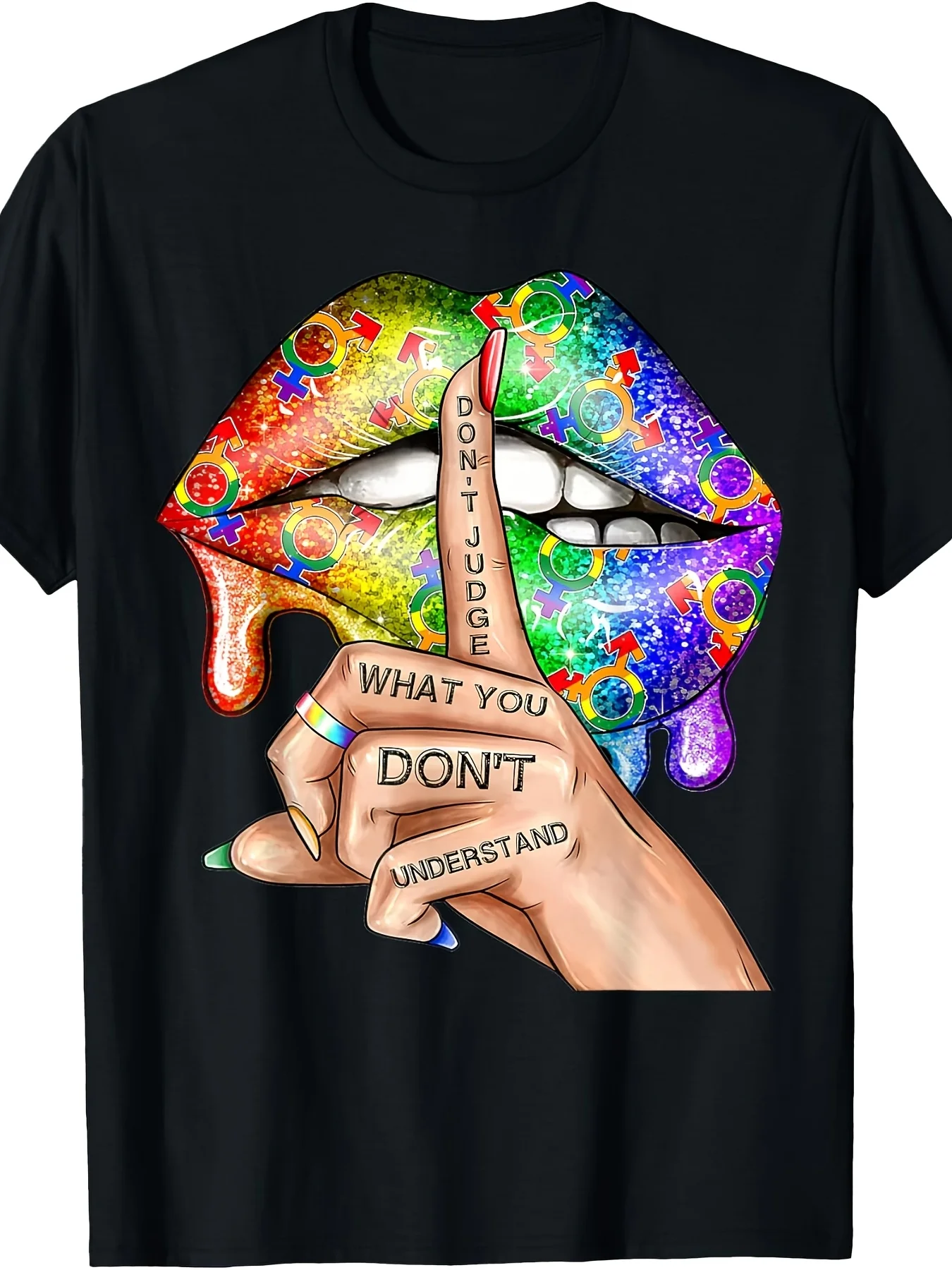 Don't Judge What You Don't Understand LGBT Gay Pride Lips TShirtRetro Casual Short-sleeved T-shirt with a Round Neck and Printed Pattern, Suitable for Daily Commuting and Outdoor Activities, Machine Washable