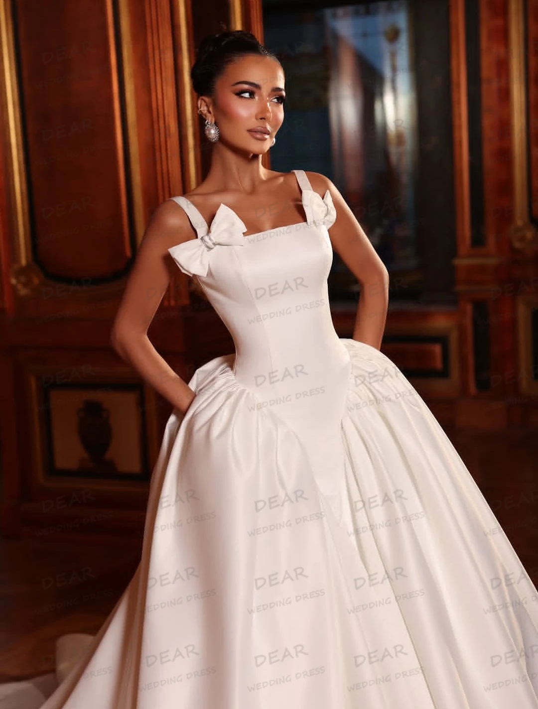 Simple Satin Elegant Wedding Dresses A Line Sweep Train Sexy Bows Women's Bridal Gowns Fluffy Sleeveless Vestidos Customized