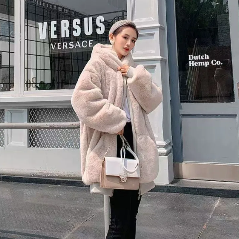 Women Autumn Solid Colors Hoodies Faux Fur Coats Loose Casual Outwears Zipper Big Pockets Hooded Coats Black Apricot Sweatshirts