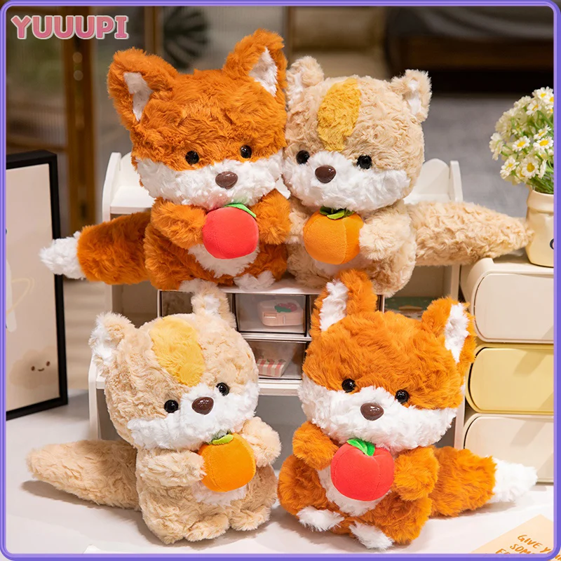 

Kawaii белка лиса плюшевая игрушка мультяшная мягкая подушка с изображением животных держит яблоко хурма мягкая игрушка домашний декор для детей подарки на день рождения