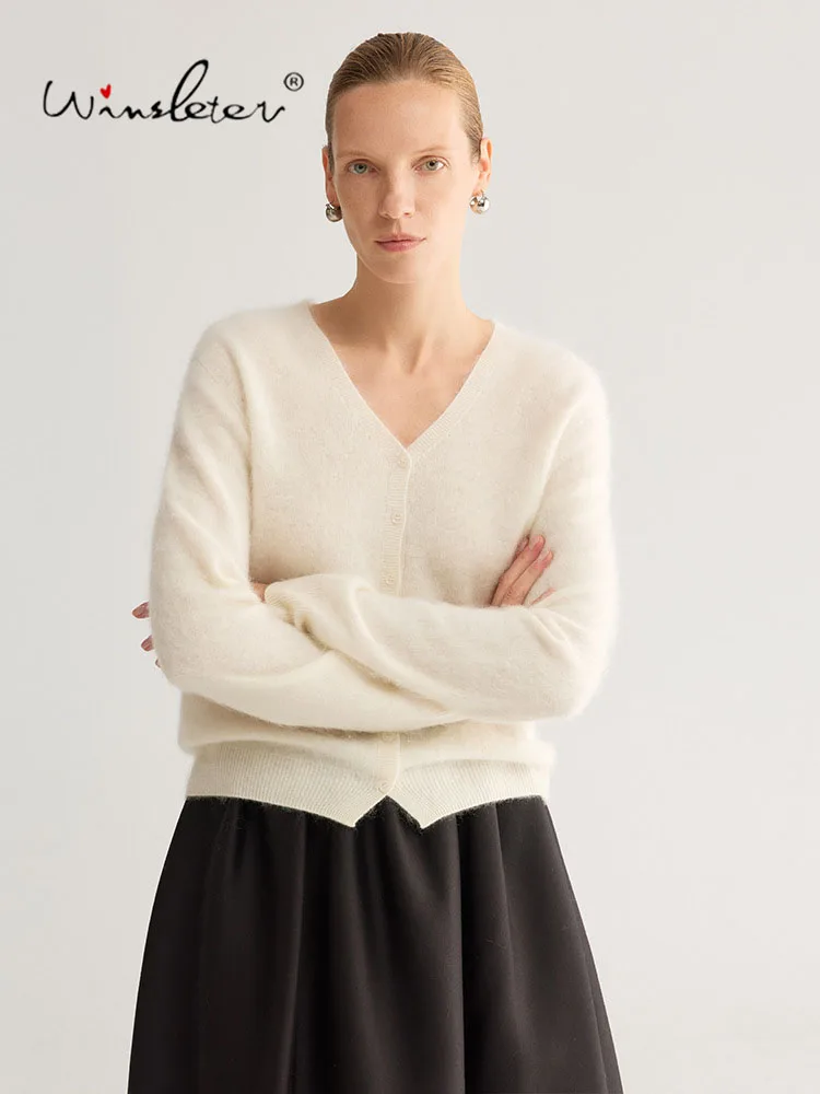 Winsleter-92.3%Wool 3.8%Cashmere Elegant Sweater, V Neck Solid, Women Korean Casual Seamless Knit Cardigan, 2026 Autumn C68773CC