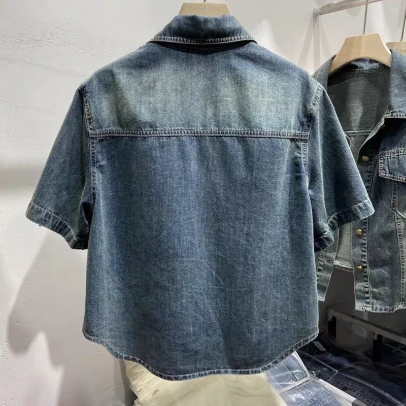 Casual Denim Shirt Women's 2025 Summer New Turn-down Collar Loose Short Sleeve Thin Denim Shirt Single Breasted Top