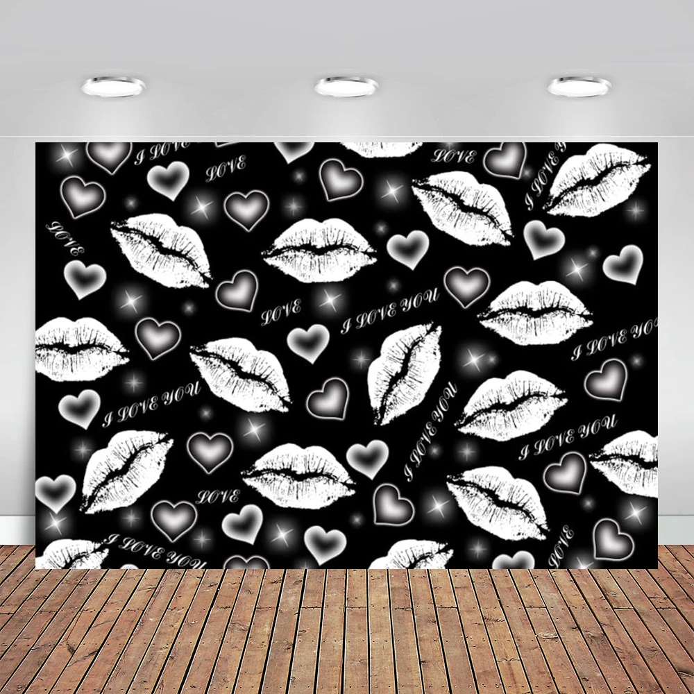 Early 2000s Backdrop Glitter Lip Print Backdrop Black Love Heart Y2k Backdrops Photography Valentine's Day Banner Women Adult