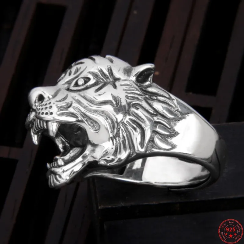 

S925 Sterling Silver Rings for Men 2023 New Men's Fashion King of the Forest Tiger Head Adjustable Pure Argentum Punk Jewelry