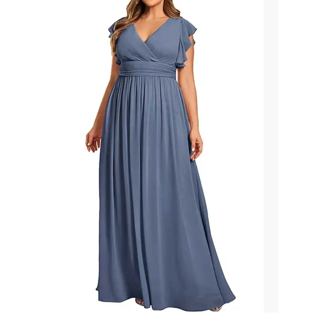 

Elegant Mother of Bride Dress V Neck Sleeveless Ruffled Backless Summer Maternity Party Gowns Belt Wedding Guest Mother Dress