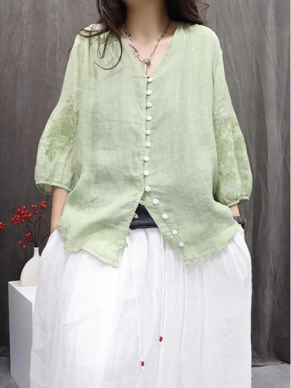 Estate 2025 Casual misto cotone e lino Ricamo pesante Vestibilità ampia Traspirante Leggero Versatile Top da donna irt