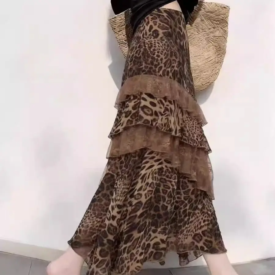 Women Elegant leopard Irregular Skirt Korean Style Sweet Casual Skirt Y2K Retro Streetwear Fashion Faldas Mujer New
