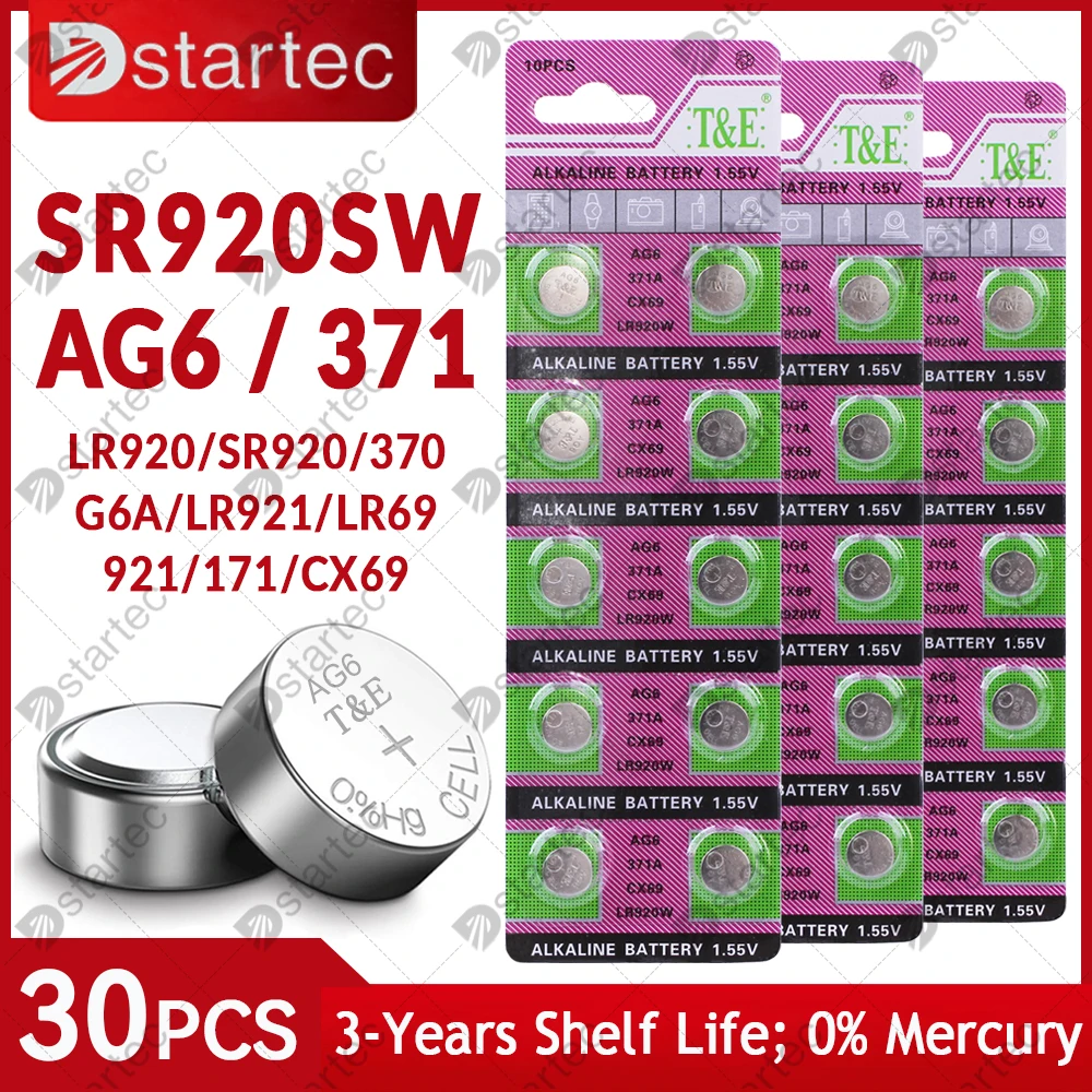 DStartec 30PCS AG6 Button Battery LR920 371A Cell Coin Alkaline Toys Watch Battery 1.55V SR920 L921 LR69 171 370 371; No Mercury