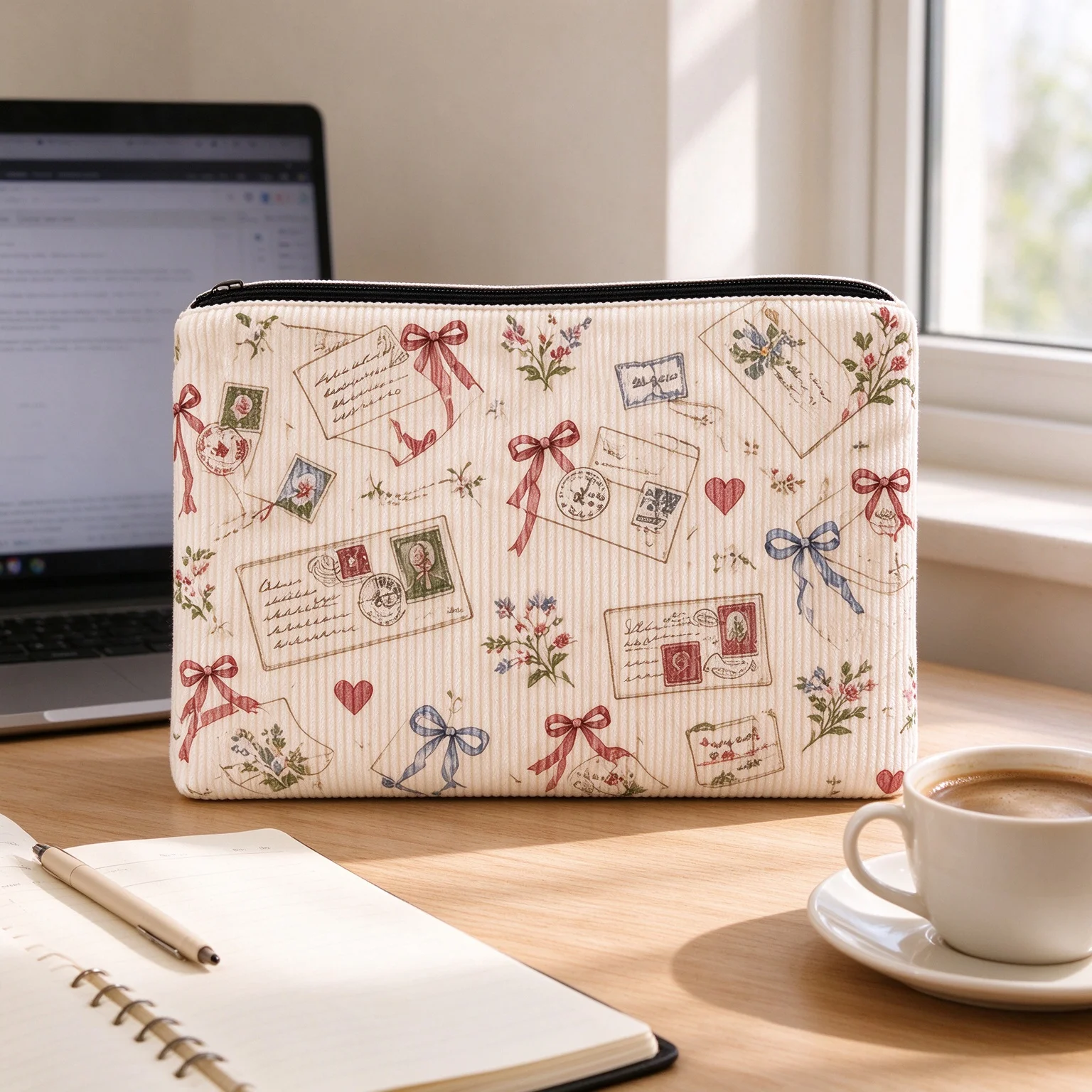 Corduroy Cosmetic Bag Vintage Postcard Stamp Bow Print Makeup Pouch Women Travel Toiletry Bag Portable Cosmetics Storage Purse