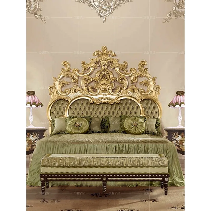 

European Luxury Solid Wood Carved Double Bed, High end French Palace Villa Princess Bed, High Backrest Big Wedding Bed