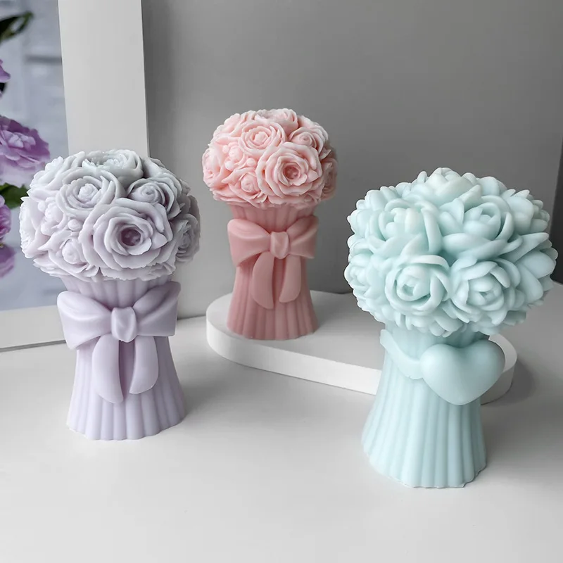 3D Love Heart with Bow Bouquet Rose Candle Silicone Mold DIY Flower Soap Plaster Epoxy Making Handmade Chocolate Baking Tools