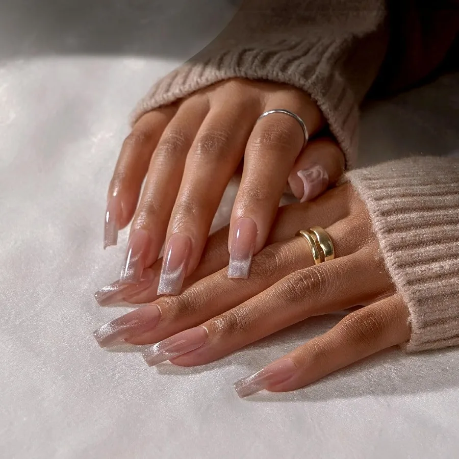 XCOATTIPS Stampa sulle unghie Unghie con punta francese Cat Eye Punte per unghie lunghe e quadrate Unghie finte in gel morbido per l'uso quotidiano ed eventi speciali E