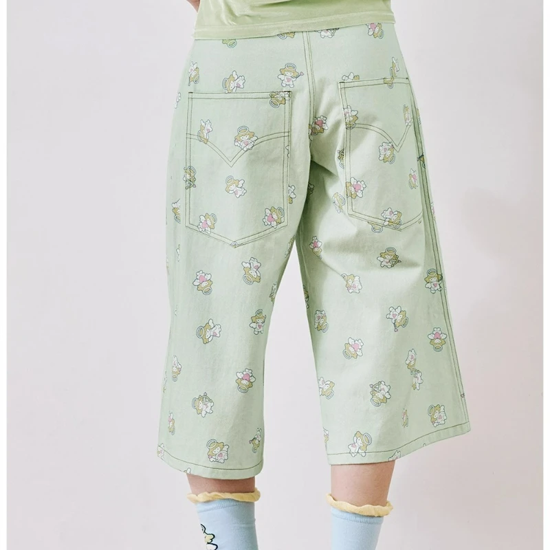 Retro Design Cartoon Print Women's Jeans 2025 Autumn New Sweet Cool Loose Versatile Age Reduction Wide-leg Capris Pants Ladies