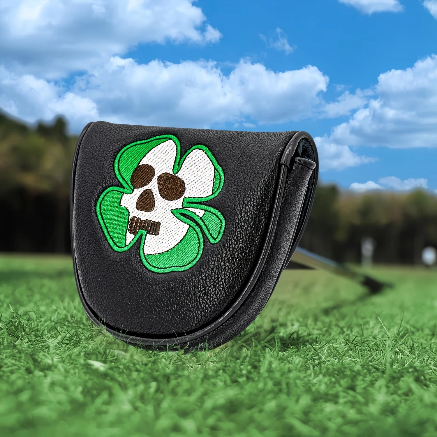 1PC Skull Pattern Golf Semi-Circular Mallet Putter Head Cover, Exquisite Embroidery Soft Wear Resistant PU Material