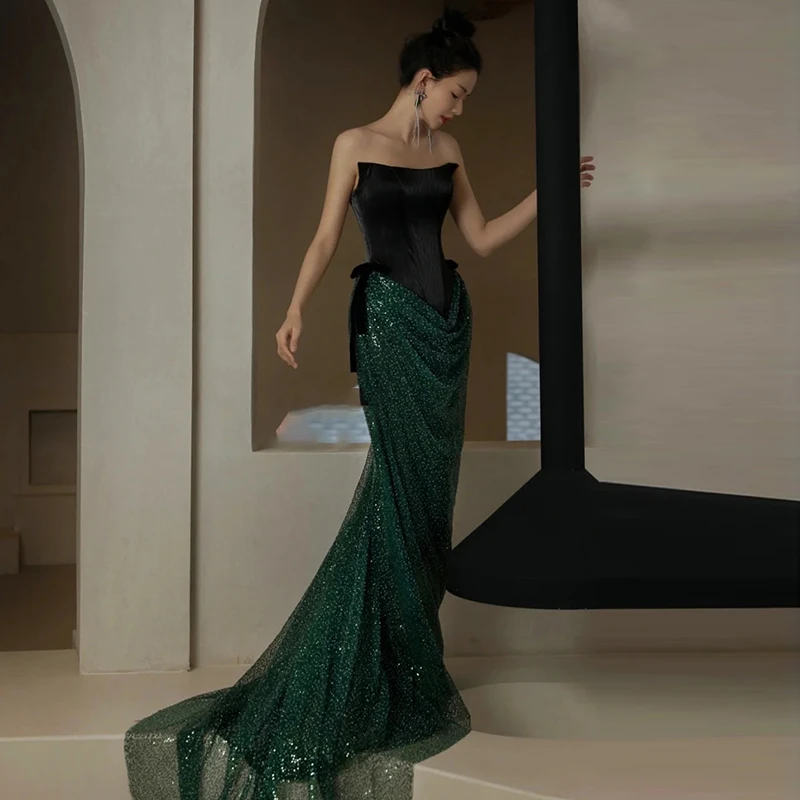 ชุดราตรีงานแต่งงานหรูหราสไตล์เกาหลี Ele Fi Tail พร้อมกระโปรงยาวประดับลูกปัดสำหรับงานเลี้ยงและงานแสดง