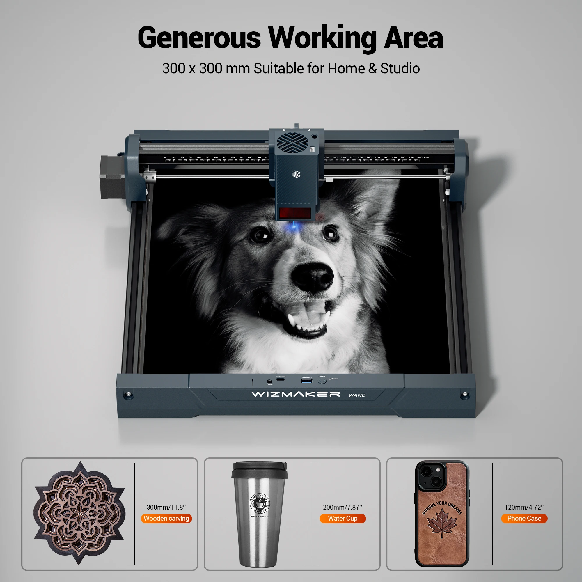 WIZMAKER WAND 7W Laser Engraver Cutter for Wood Leather Acrylic 300x300mm Beginner-Friendly DIY with AtomStack Software