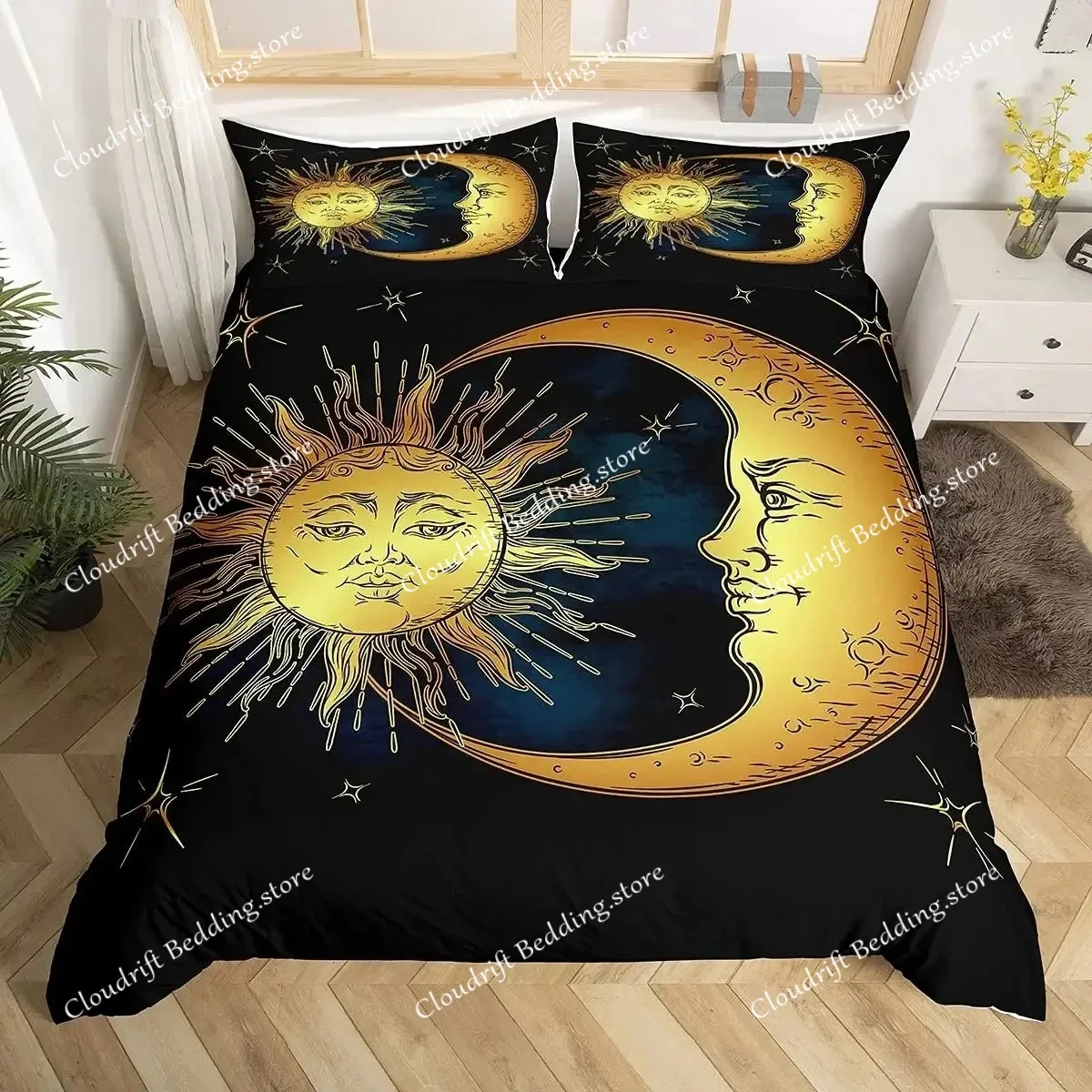 

Mandala Duvet Cover Set Sun and Moon Comforter Cover Ties Exotic Style Black and White Botanical Floral Polyester Bedding Set