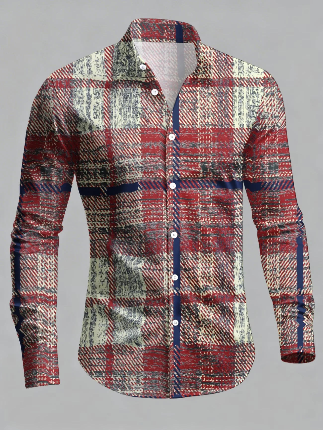 New rice base retro brown maple leaf print small lapel black button men's light mature slim fit long sleeved shirt