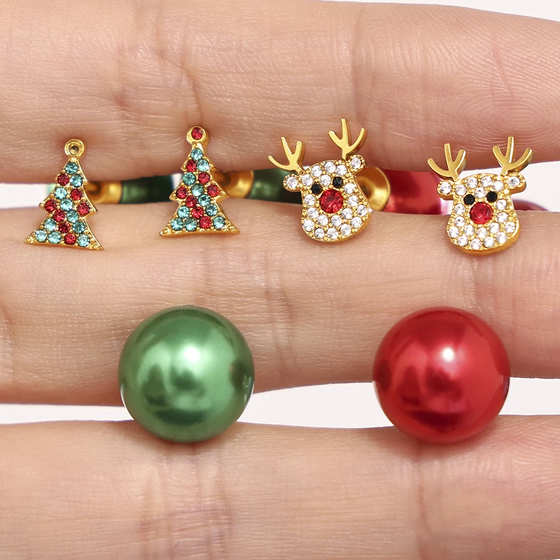 Christmas Tree Green Red Ball Stainless Steel Zircon Earrings for Women Waterproof Gold Plated Ear Stud Charm Jewelry Gift