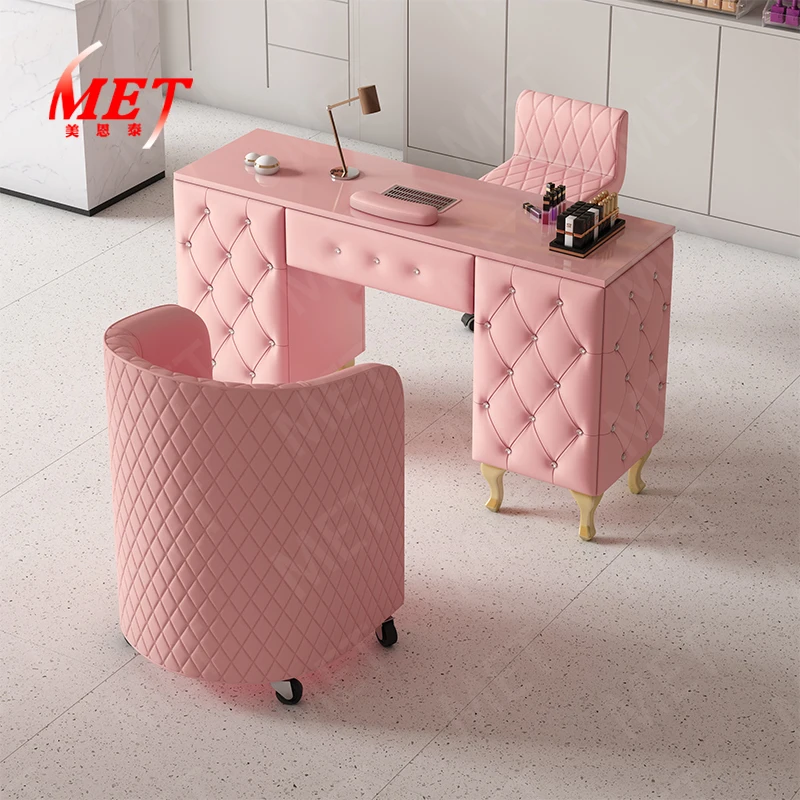 

Современная мебель для салона красоты, одиночный маникюрный стол и набор стульев, роскошный тафтинговый розовый кожаный деревянный стол для ногтей на продажу