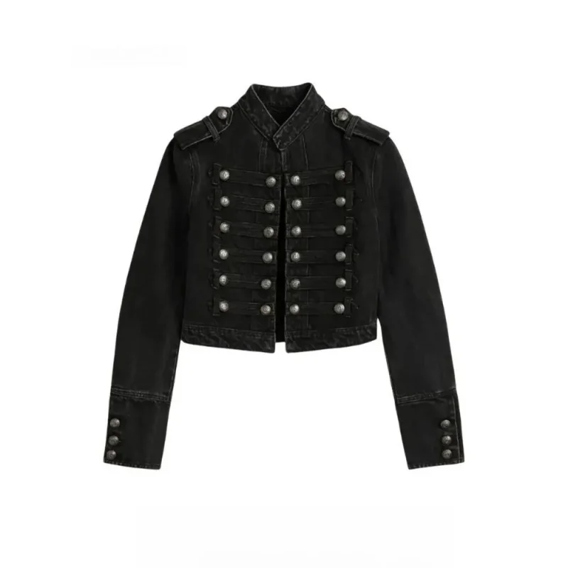 

Y2K Retro Hussars Jacket Stand Collar Double Breasted Button Cropped Jacket Napoleon Old Money BLK Denim Jacket Women Boxy Coat