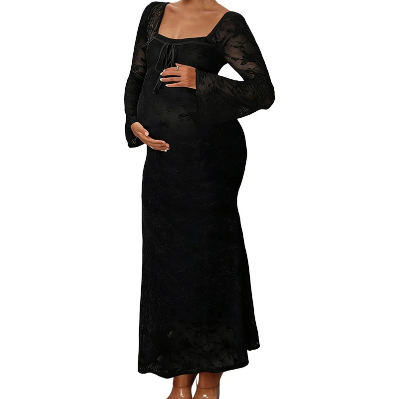 2026 Autumn Winter New Maternity Dress Flared Sleeve Elegant Fishtail Long Dress Slim Fit Pregnancy Stylish Pregnant Women Daily