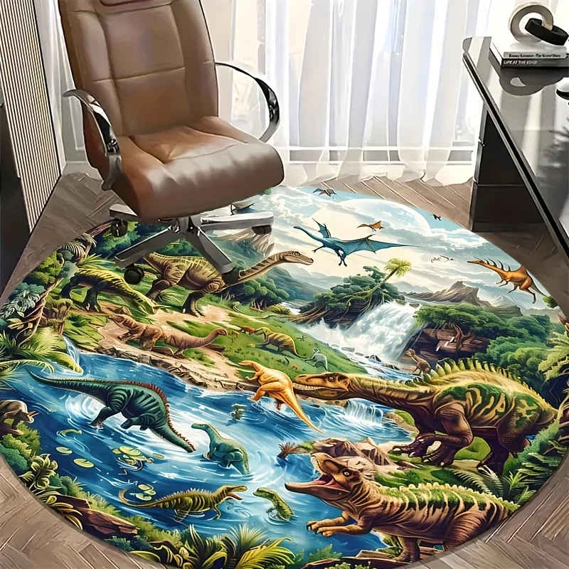 Dynamic Jurassic Wilderness‑Scenery Round Area Carpet Printed Rug for Living Room Sitting‑Zone Household Interior Ornamentation