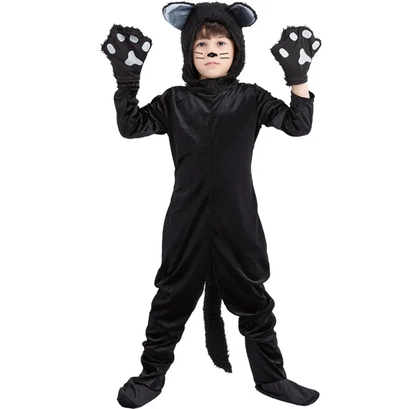 Ensembles de vêtements de cosplay d'Halloween pour enfants, chat noir, garçons et filles, olympiques avec queue de pattes, performance de Noël, tenues de fête