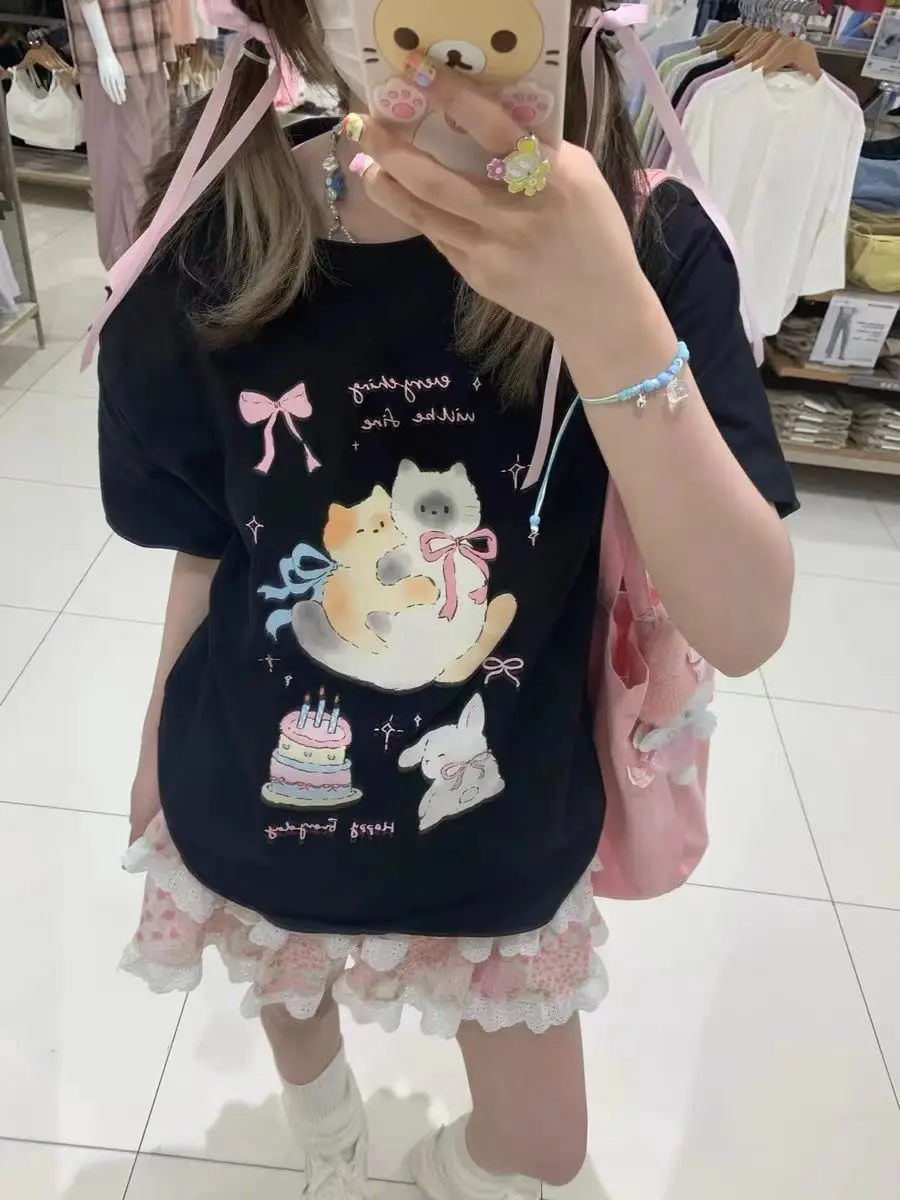 Japanese Sweet Girls Short Sleeve T Shirts Cute Cats Cartoon Printing T-shirt Loose O-neck Y2K Tops Teenage Summer Tees Casual