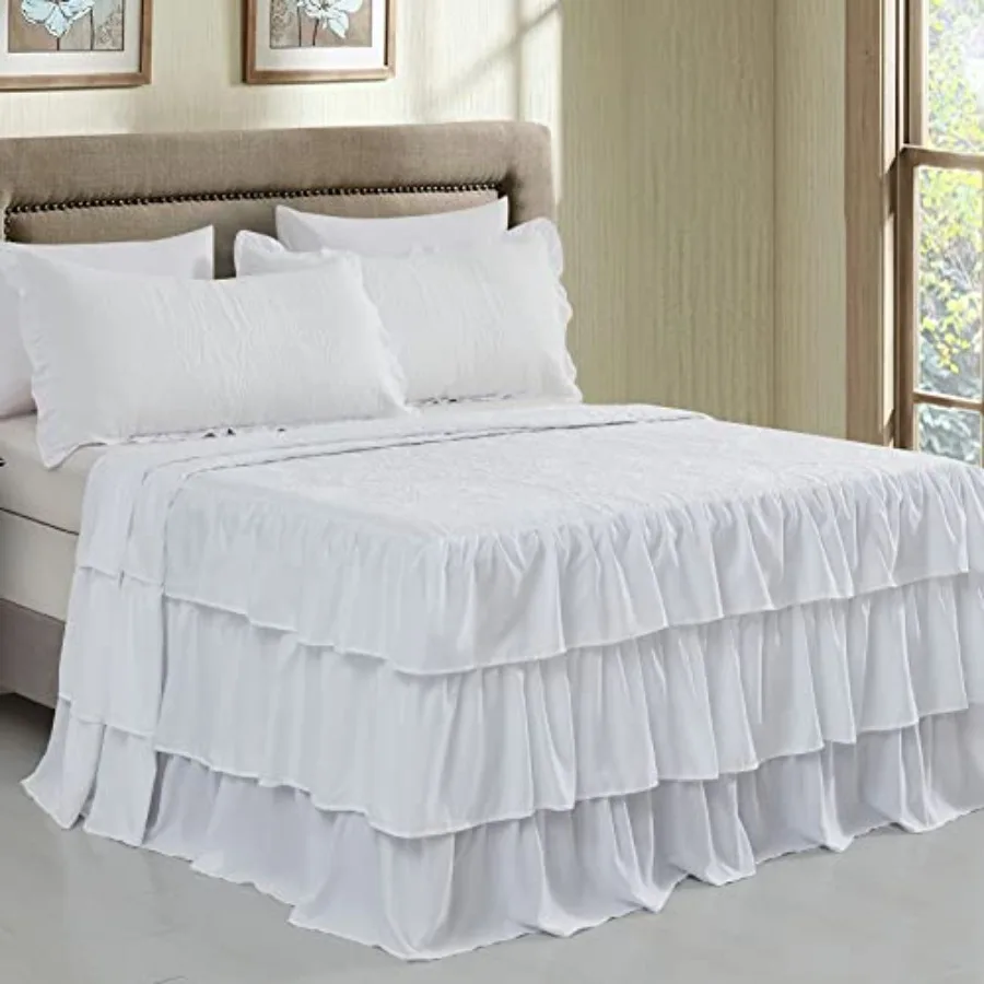 

Ruffle Skirt Bedspread Size - 30" Long Drop Shabby Chic Style Lightweight Bedding Cover 3 Pcs Set Chic Layers Pure White