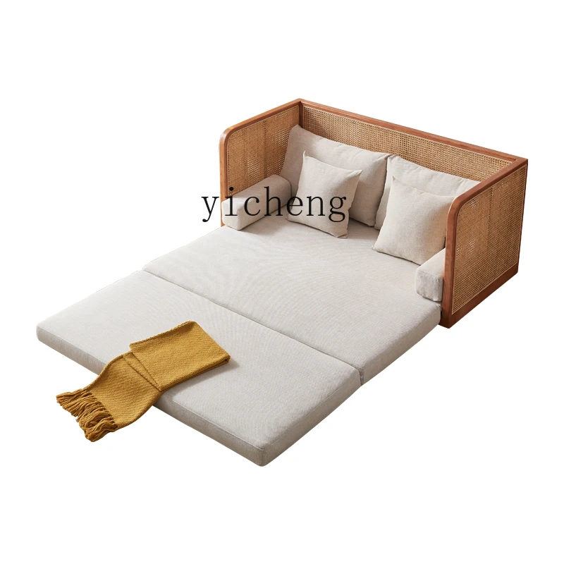 ZXP Solid Wood Sofa Bed Small Apartment Living Room Multi-Functional Rattan Sofa Household Dual-Use Folding Bed