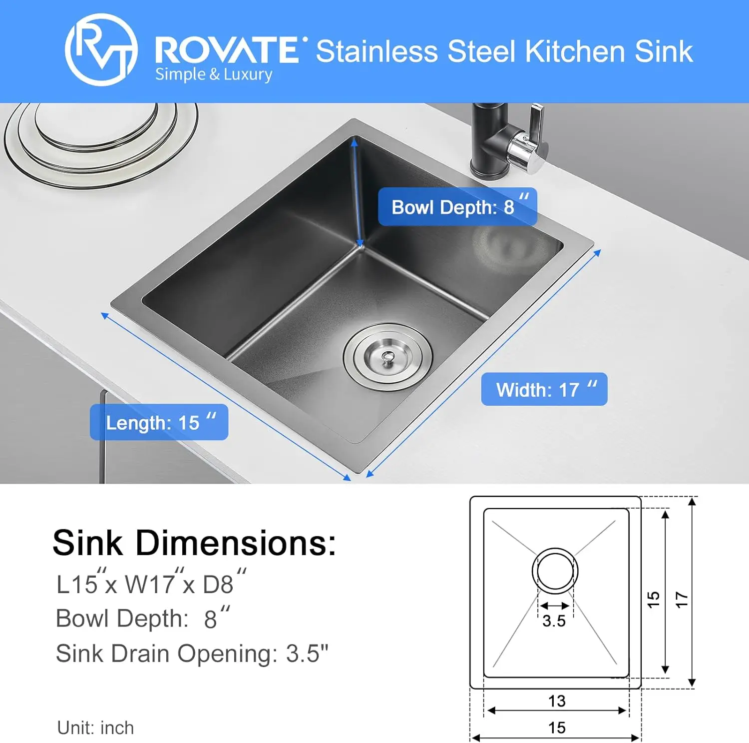 Rovate อ่างล้างจานแบบนาโน15X17นิ้วอ่างล้างจานอ่างล้างจานแบบแฮนด์เมดอ่างล้างจานเดี่ยว T-304สแตนเลส