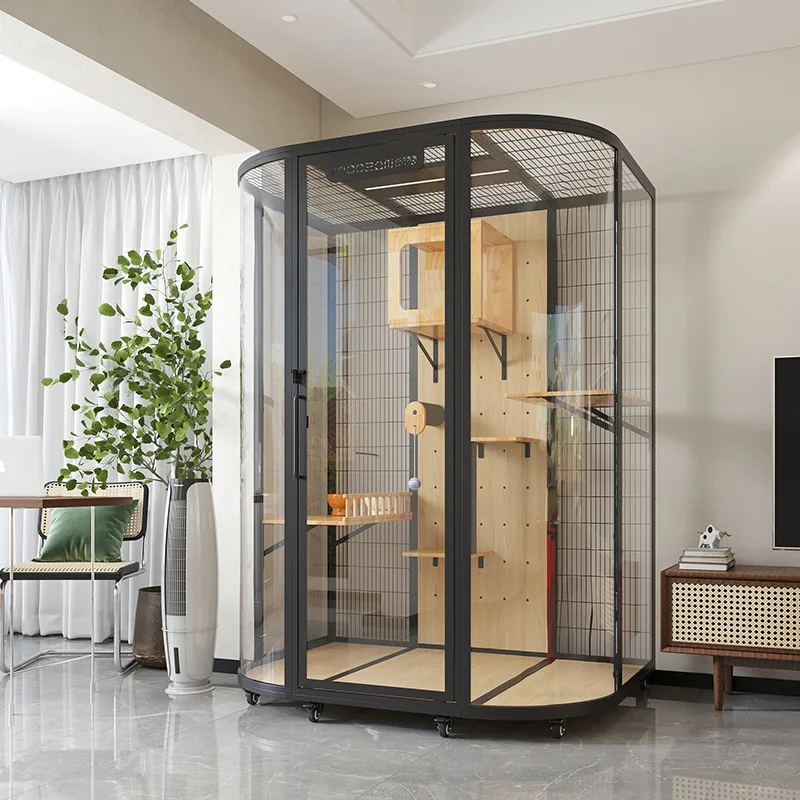 Cat villa luxury large space DIY solid wood climbing frame household glass panoramic house cabinet cage can put cat litter box