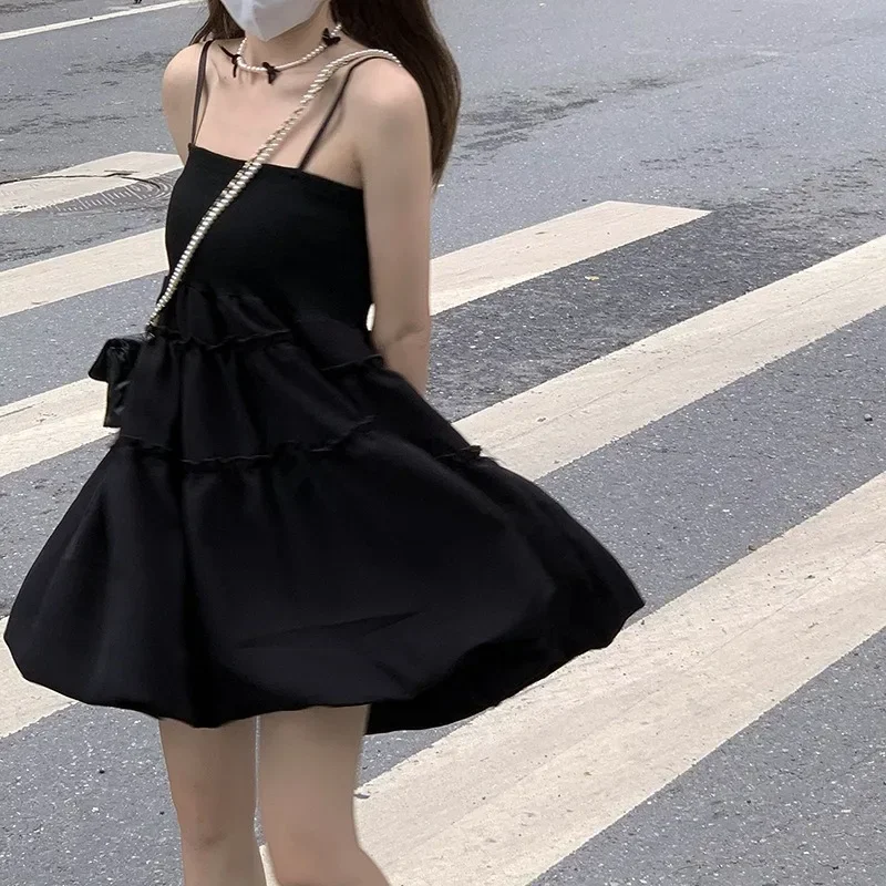

Black Sweet Fluffy Dress Women Korean Waist-Tight Ruffles Spaghetti Strap Dresses Woman 2025 A Line Prom Gown Mujer Платье 원피스