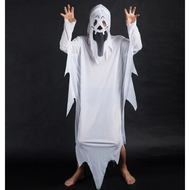 Unisex Aldult Child White Halloween Ghost Costume Robe Scary Mask Hooded Dress up Witch Cape Outfit Cosplay Parties Girls Boys