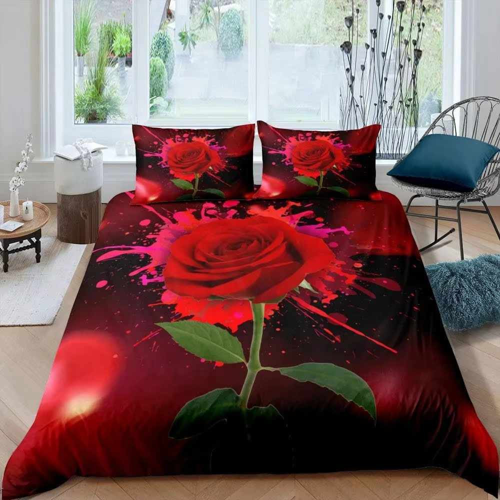 Red Rose Duvet Cover Romantic Blossom Flower Bedding Set 3D Roses Comforter Cover for Girls,Couple Wedding Valentines Day Gift