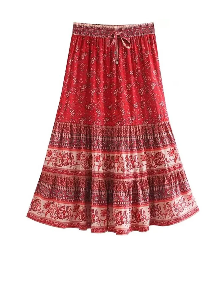 Summer Women's Printed Half Skirt Fashion Elastic High Waist Lace Up Midskirts Elegant Fashion Splicing Lotus Leaf Edge Skirts