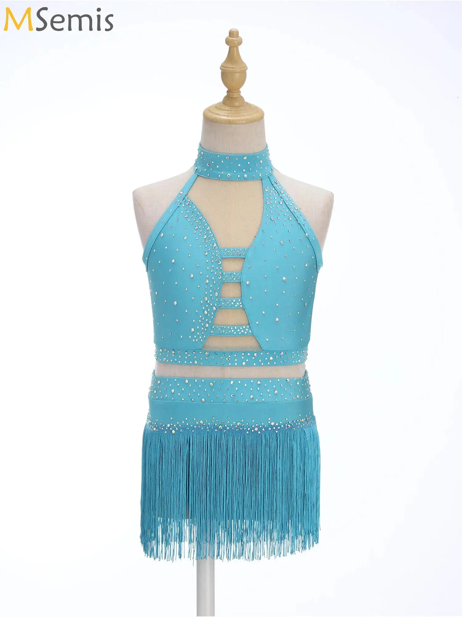 

Kids Girls Latin Lyrical Dance Outfit Figure Skating Rhinestones Crop Top+ Tassel Skirted Leotards Rhythmic Gymnastic Dancewear