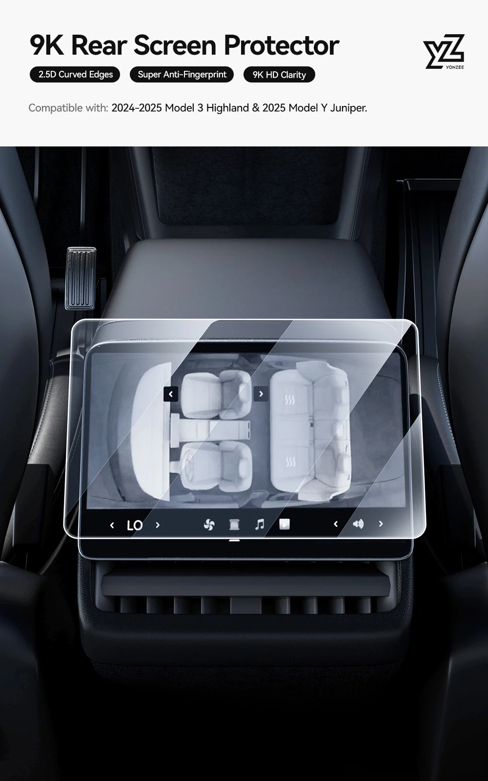 YZ Schutzfolie aus gehärtetem Glas für Tesla Model Y/YL Juniper 3 Highland, Schutzfolie für den Bildschirm der Mittelkonsole in der hinteren Reihe – Detail 2