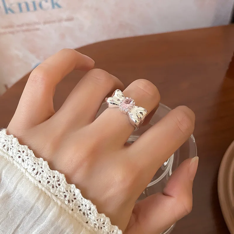 Bow Ring Matte Silver Open Adjustable Pinky Finger Sweet Cute Minimalist Lightweight Alloy Jewelry for Women Office Work