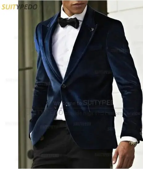 

Navy Blue Men's Suit Sets Tailor-made Velvet Slim Fit Peaked Lapel Jacket Fashion Party Male Costumes Blazer Pants 2 Pieces