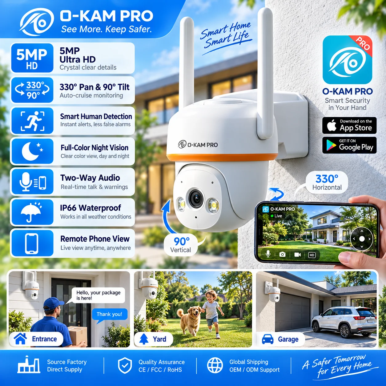 5MP CMOS PTZ Security Camera HS30 Wired Wireless 50M IR Night Vision Motion Detection Human Framing 256GB SD Card Cloud Storage