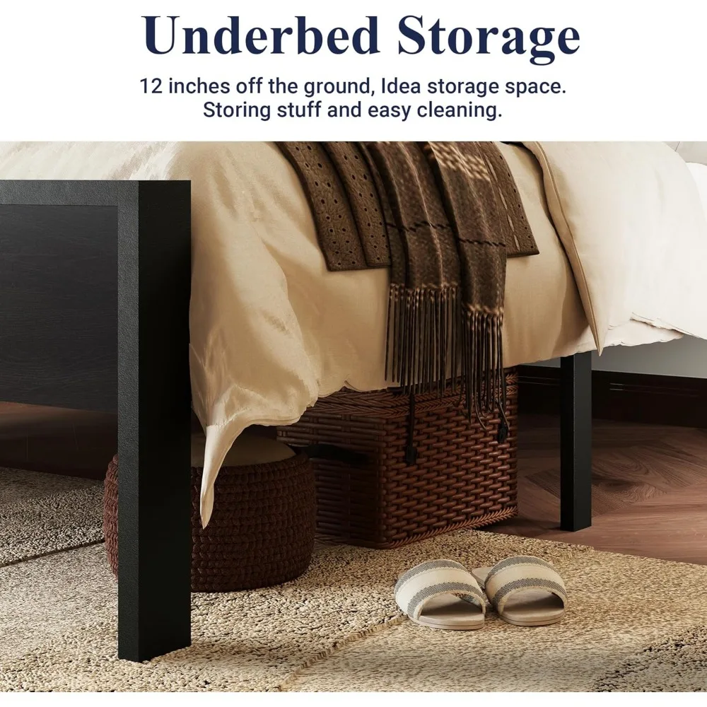 إطار سرير بمنصة خشبية بحجم كوين مع لوح أمامي ولوح للقدمين، ودعم شريحة معدنية، ولا حاجة إلى صندوق زنبركي