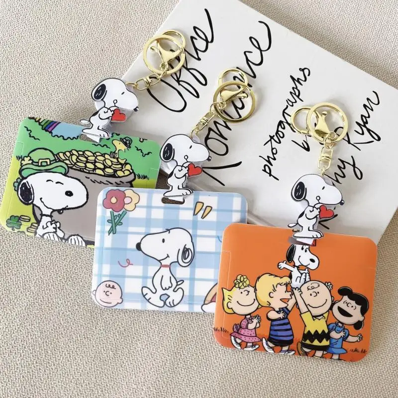 Kawaii Peanuts Snoopy Charlie Brown Card Holders Keychain Pendant Id Card Door Badge Card Case Sliding Telescopic Gift for Girls