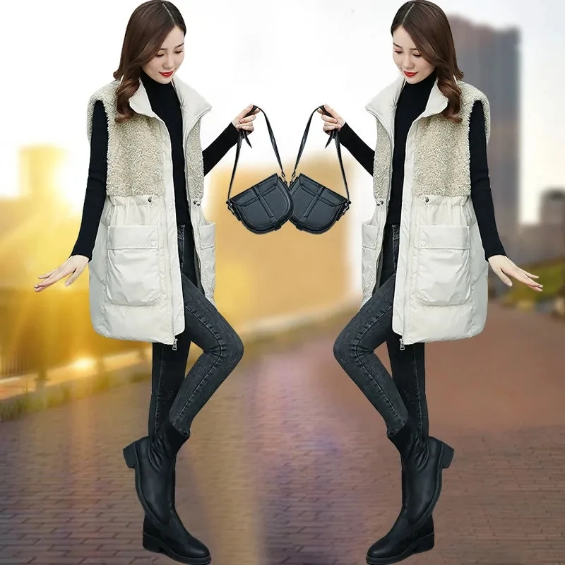 Lamb Wool Stitching Vest Women Jacket Sleeveless Pocket Drawstring Waistcoat Autumn Winter Fashion Warm Mid-Length Chaleco Mujer